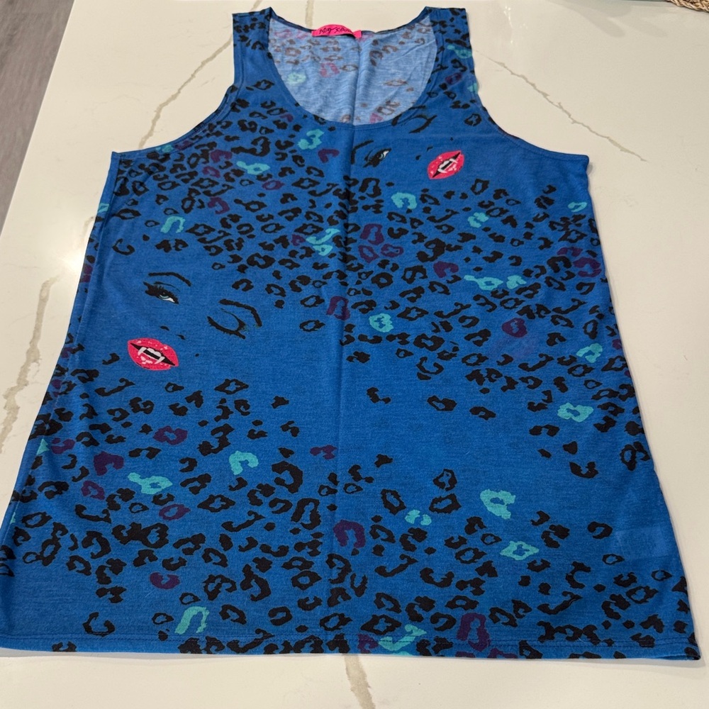 Betsey Johnson Pink and Blue Vampire Lips Animal Print Top